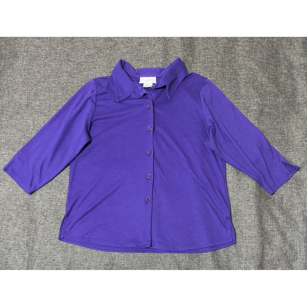 Susan Graver Women XL Button Up Shirt Purple 3/4 Sleeve Solid